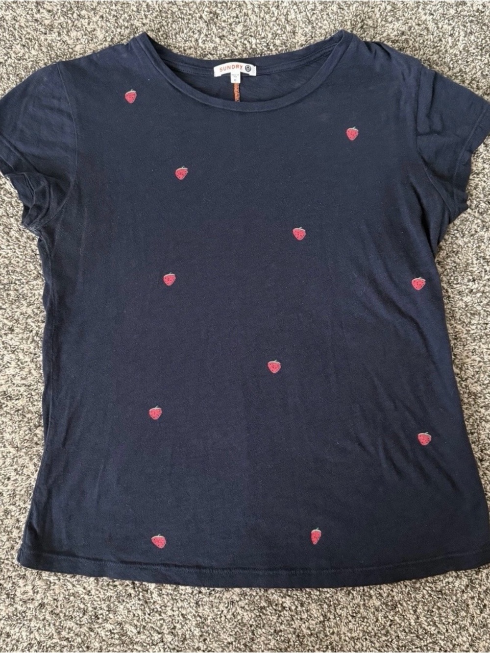Sundry Strawberry Embroidered T Shirt Size 0 Navy Pima Cotton Womens